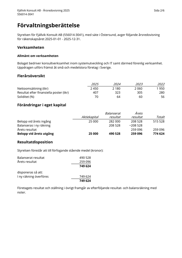 Förvaltningsberättelsen i exempelrapporten